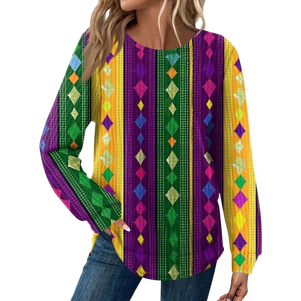 Women's Fashion  Loose Long Sleeve Carnival Print  Round Neck Casual Top