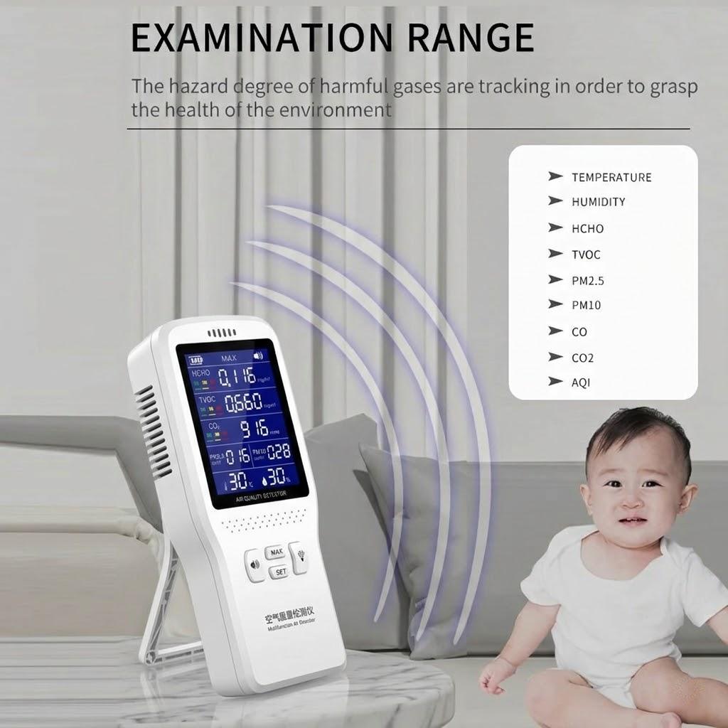 Новый портативный детектор качества воздуха 9-в-1 PM2.5 PM10 HCHO TVOC CO CO2 AQI Температура Влажность Многофункциональный ЖК-цифровой монитор качества воздуха для дома