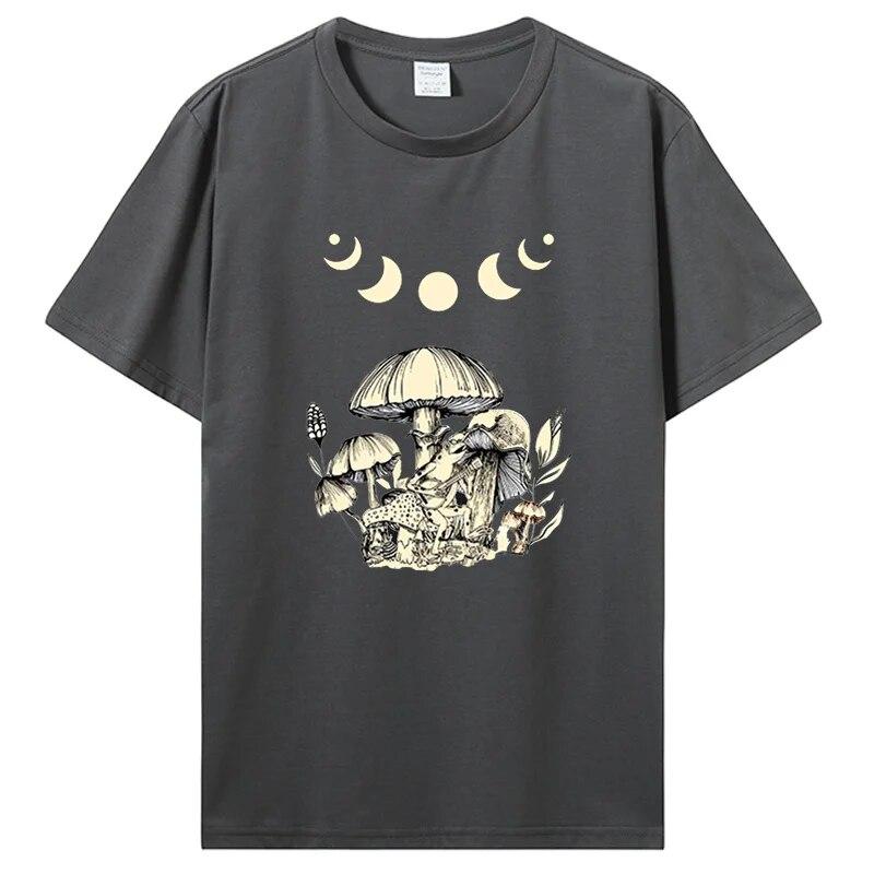Винтажная футболка в стиле панк Cottagecore с эстетической лягушкой, женская футболка унисекс с грибом и луной Witchy, одежда унисекс, футболка с короткими рукавами и графикой