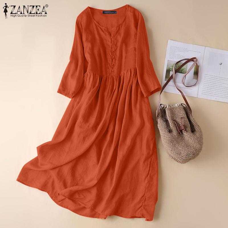 ZANZEA Women Casual O-neck Long Sleeve Summer Cotton Dress