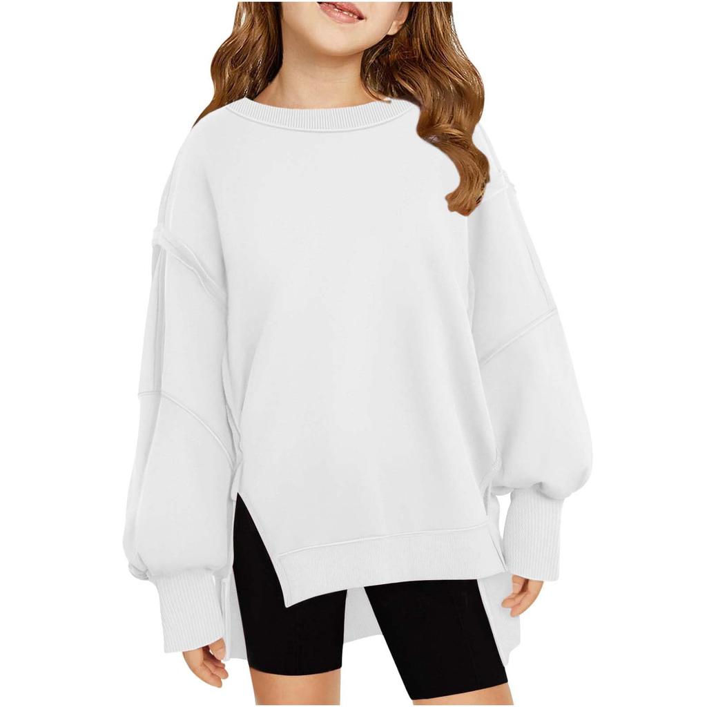 Children's Oversized Pullover Sweatshirt Girls' Round Neck Split-Front Solid Color Hoodie