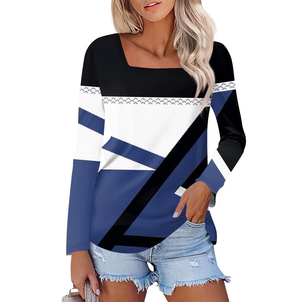 Рубашка для женщин, модная повседневная свободная футболка с квадратным вырезом и длинным рукавом с принтом, женский топ