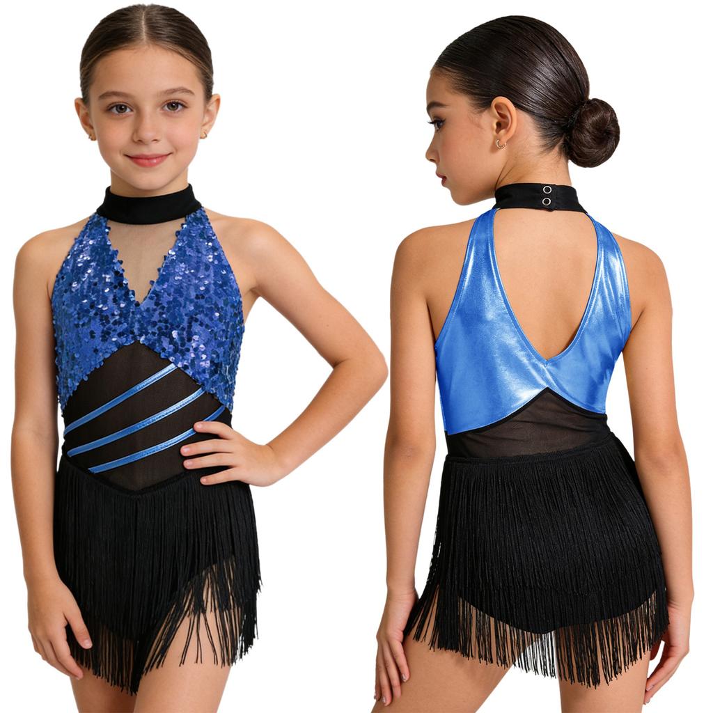 Kids Girls Cha-cha Salsa Latin Dance Costume Shiny Sequins Halter Sleeveless Mesh Waist Keyhole Metallic Back Tassels Leotard Dancewear