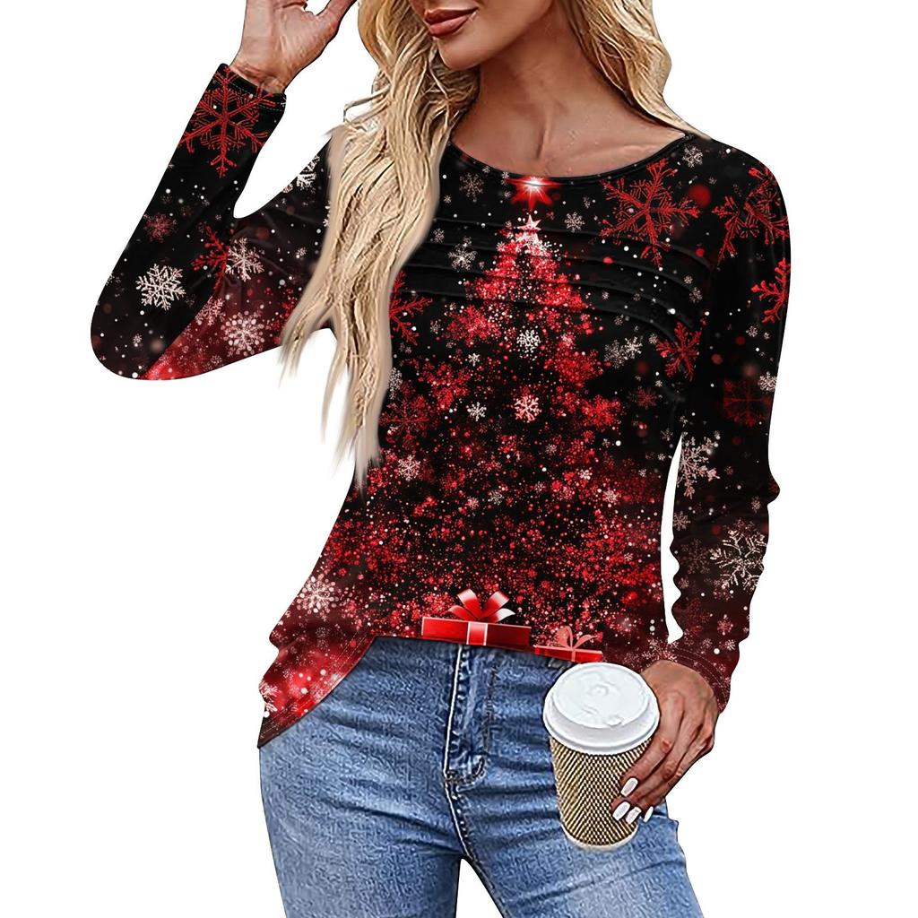 Женская повседневная модная футболка с круглым вырезом и длинными складками на Рождество