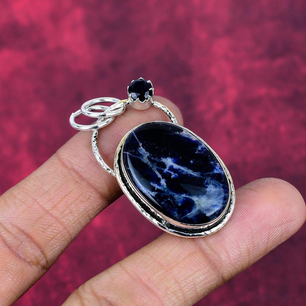 Содалит и Черная шпинель Подвеска из драгоценных камней ручной работы, Подвеска из стерлингового серебра 925 пробы, Антикварное украшение, Подвеска для подарка на помолвку