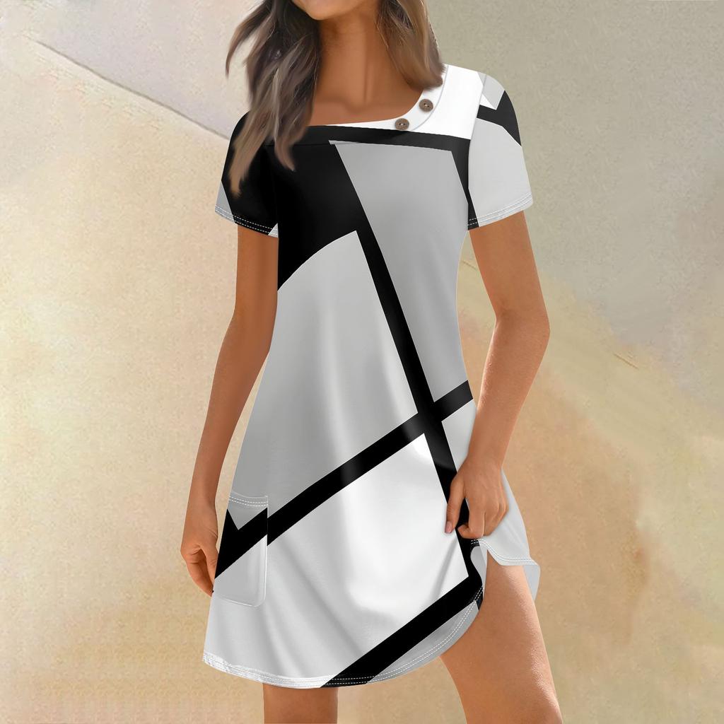 Женская мода, летние платья с квадратным вырезом и коротким рукавом, повседневные свободные платья с карманами и пуговицами в стиле пэчворк с принтом