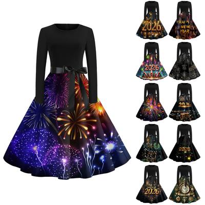 Женское повседневное модное платье с круглым вырезом и длинным рукавом с новогодним принтом в ретро-стиле