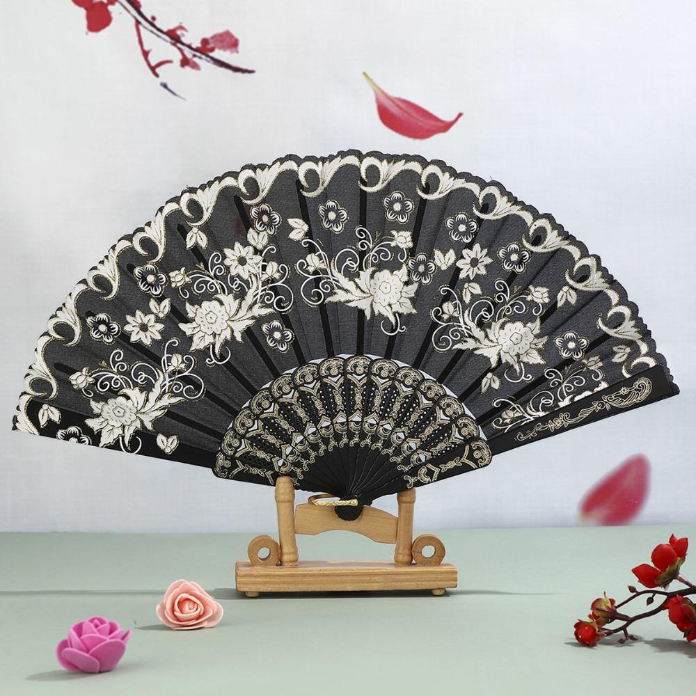 Portable Vintage Style Silk Hand Fan Floral Pattern Decorative Folding Fan with Tassel Handmade Handheld Fan Wedding Party