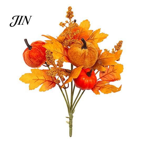 Artificial Fall Bouquet with Fabric Pumpkins Maple Leaves Wheat Berries, Thanksgiving Floral Arrangement Autumn Home Decor for Centerpieces, Seasonal