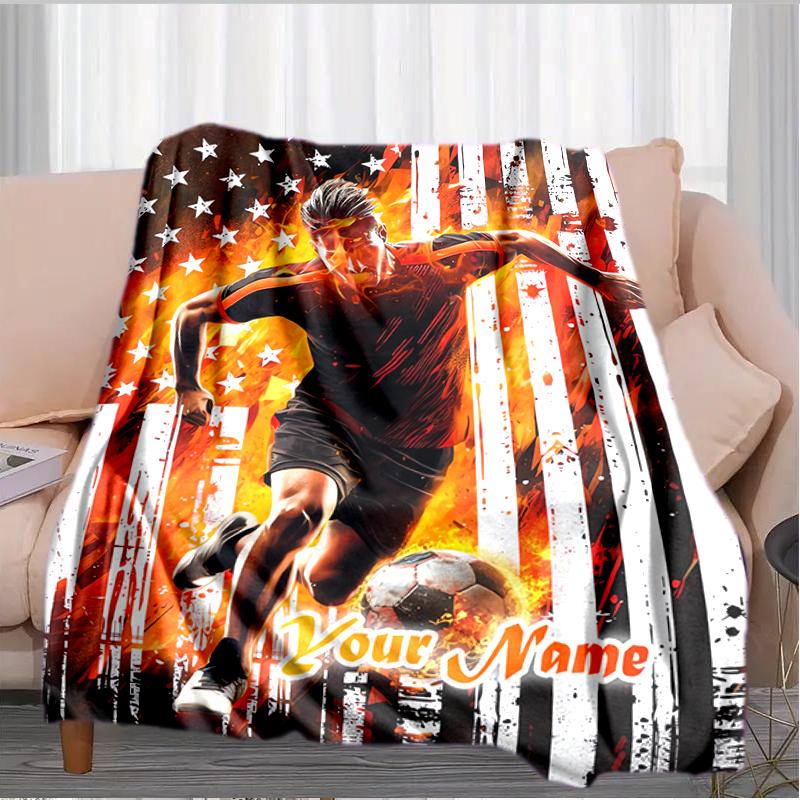 1PC Custom Name American Soccer Star flannel blanket versatile, all-season throw suitable for the living room, bedroom, camping, travel, and gift