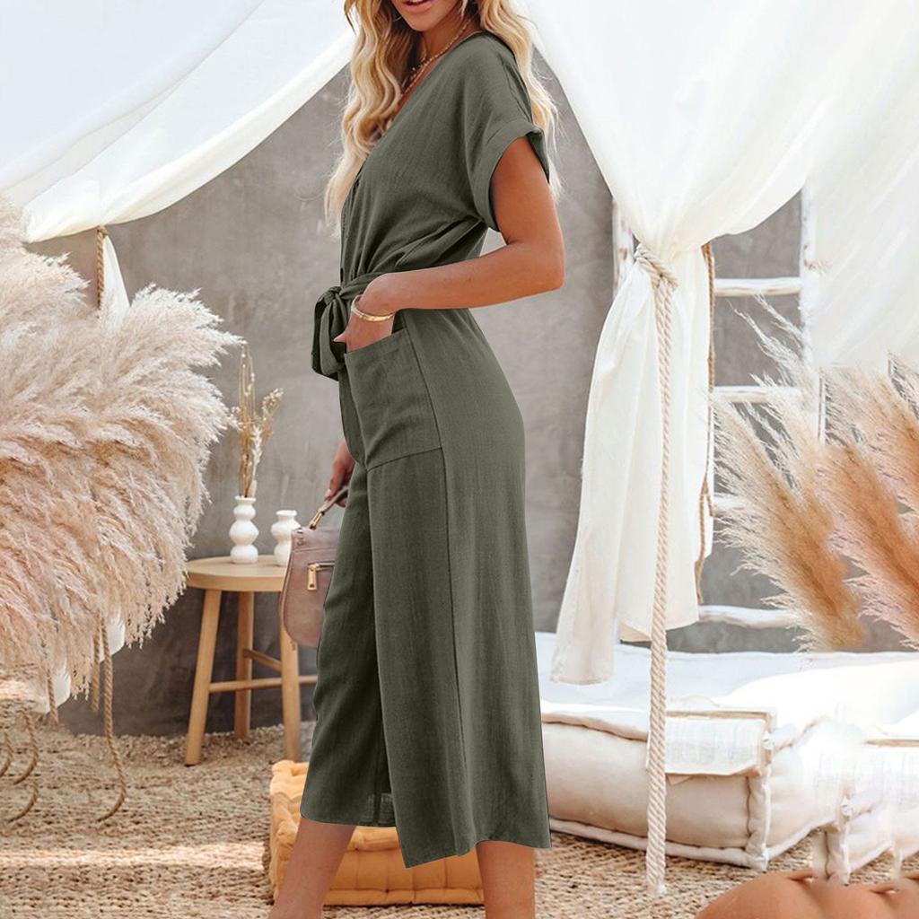 Women Summer Fashion Button Belted Wide Leg Jumpsuits With Pockets Solid Color Short Sleeves V Neck
