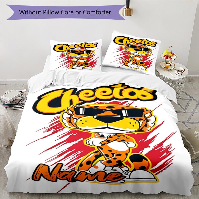 3pcs Custom Name Cheetos Bedding Set Duvet Cover Closure Includes 1 Duvet Cover & 2 Pillowcases, Soft and Comfortable for All Seasons.