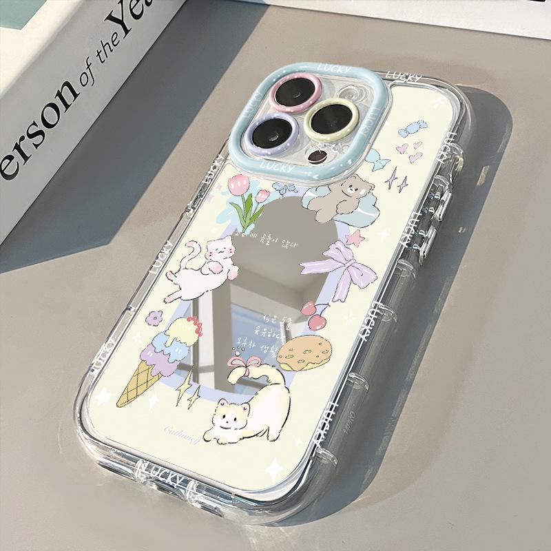 Энергичный Кот Зеркальный Футляр-Крем для iPhone 17 Pro Max, 16, 15, 14