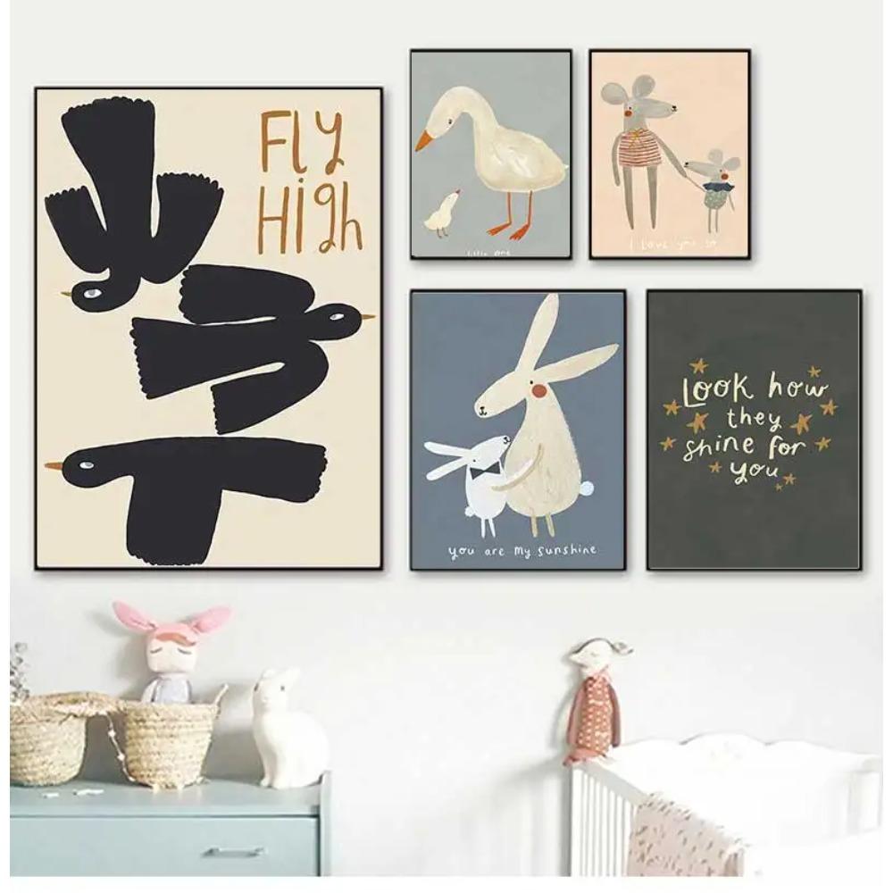 Boho Cartoon Rabbit Mouse Goose Nursery Wall Art Canvas Painting Nordic Retro Poster Prints Wall Picture Baby Kids Room Decor