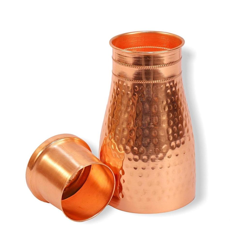 Hammered Copper Water Bottle Jar - 1L | With Inbuit Glass In Lid | Antique Hammered Design