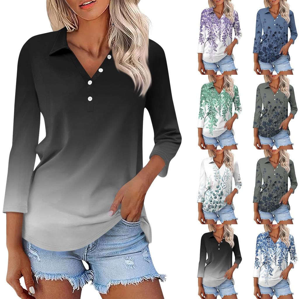 Женская модная повседневная рубашка с лацканами и цветочным принтом на пуговицах с рукавами 3/4