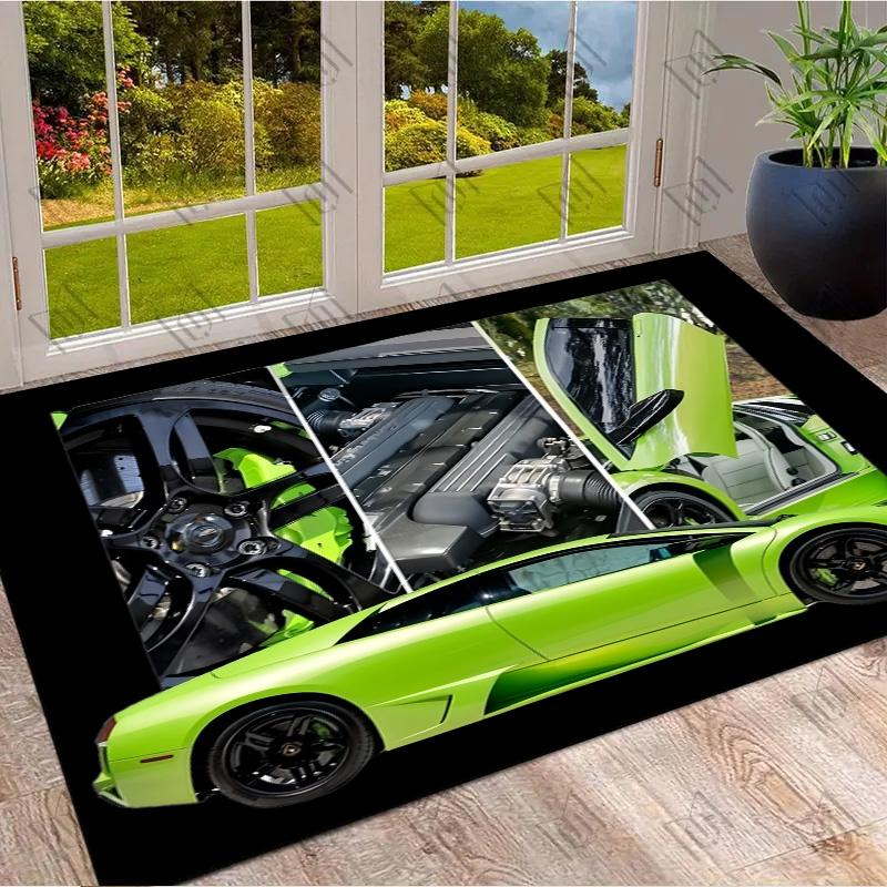 Bright Green Supercar Engine Wheel Split Panel Print Area Rug Non‑Slip Rectangular Floor Mat Auto Fan Decor for Gaming Bedroom Living Room
