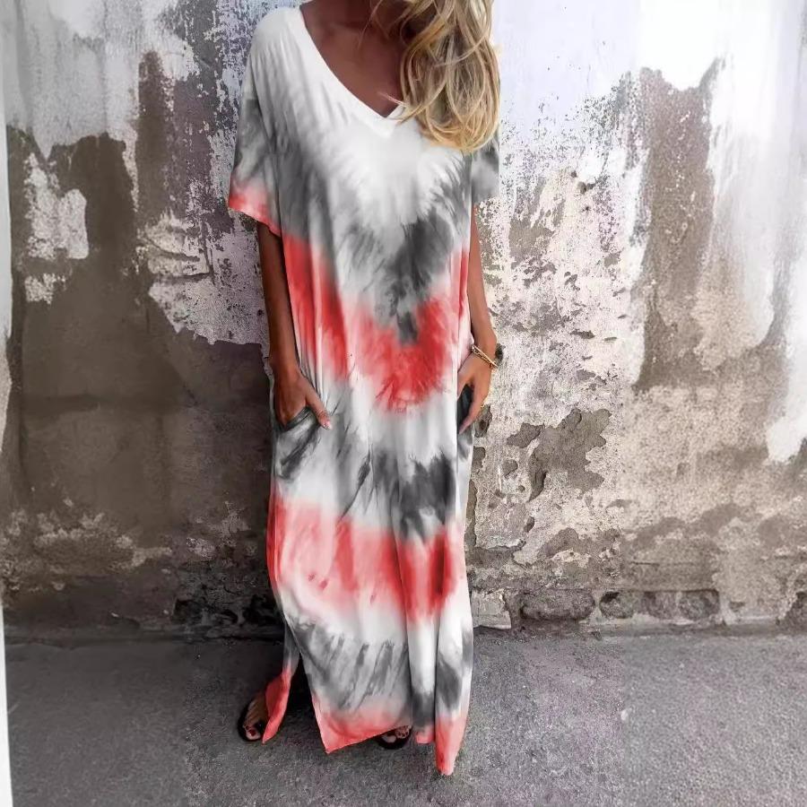 Casual Beach Maxi Tie Dye Printed Dresses Women's Spring Summer Short Sleeve V-neck Plus Size Long Dress