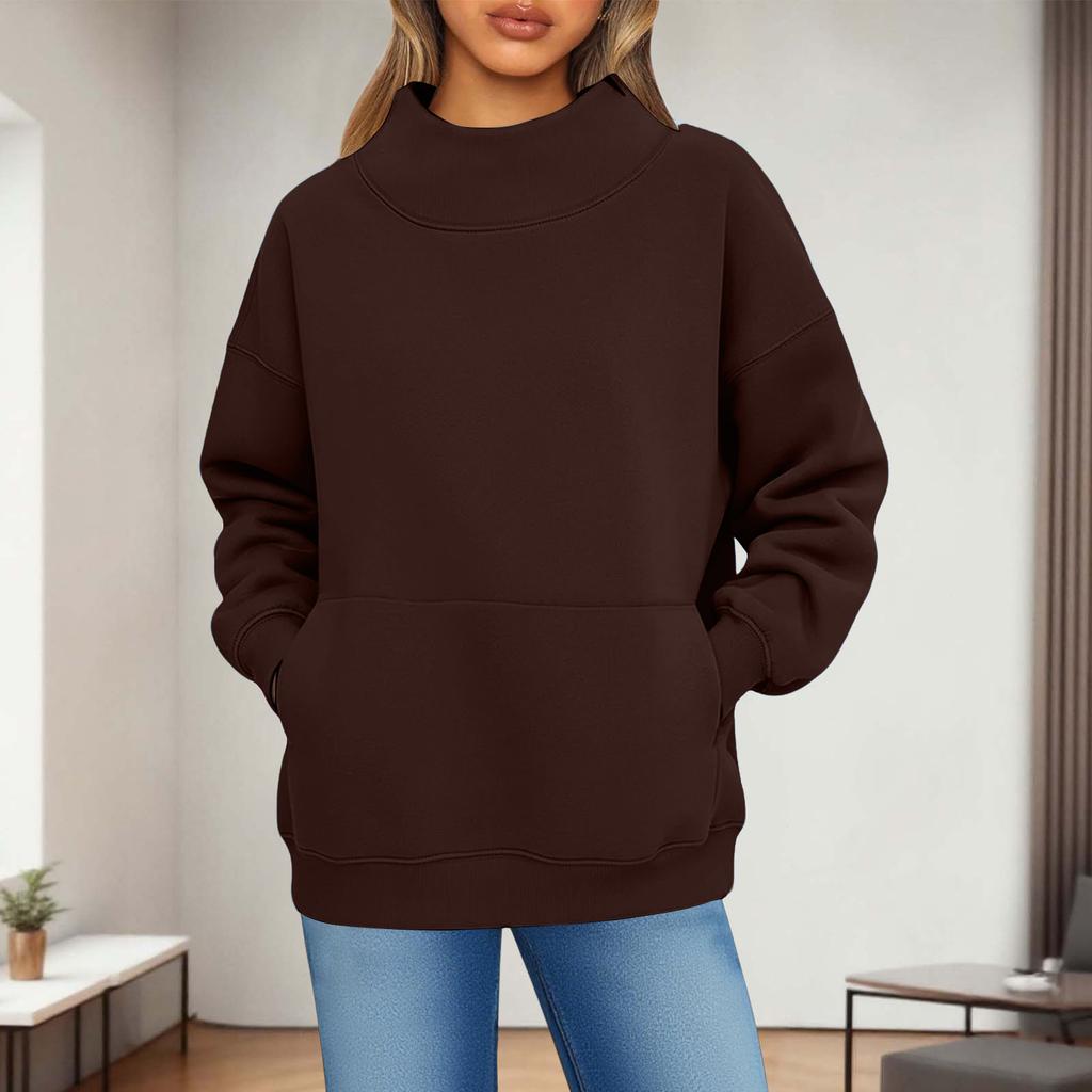 Women's Fashionable Casual Solid Color Round Neck Long Sleeved Pocket Sports Casual Pullover Sweatshirt Top