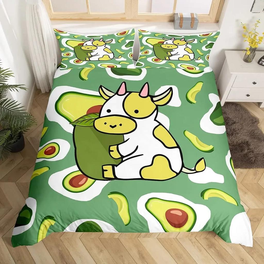 Fruit Duvet Cover Collection Cute Cartoon Avocado Decor 3 Piece Bedding Collection With 2 Pillow Shams Queen King Full Size Paprika Green