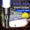 Powerful Torch XHP 360 LED Flashlight High Lumen 900000LM Flash Lights Zoomable Torch Light Rechargeable Lamp Waterproof Lights