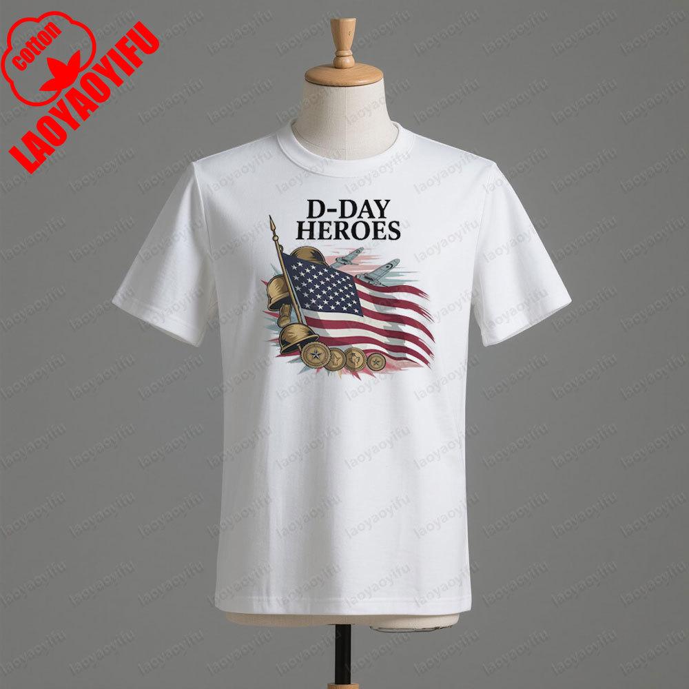 D Day Heroes T Shirt American Flag WW2 Tshirt Military Apparel Veteran Remembrance Day T Shirt Men Crewneck Cotton Short Sleeve