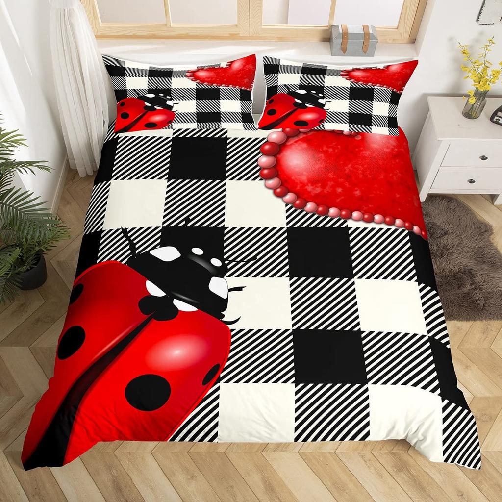 Ladybug Comforter Cover Set Ladybug On Green Leaf Duvet Cover Wild Wildlife Theme Microfiber Bedding Set 3pcs for Kids Teens