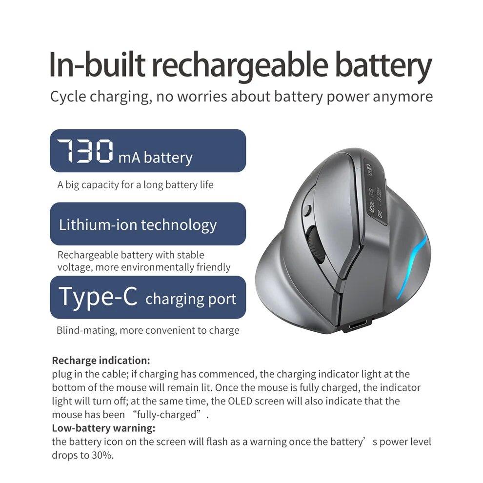 Беспроводная игровая мышь Перезаряжаемая Bluetooth-мышь со светодиодным экраном 2,4 ГГц/Bluetooth, беспроводная игровая мышь 3200 точек на дюйм для ноутбука, ПК