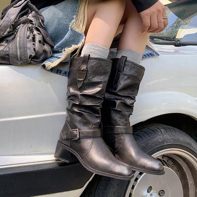 Пряжка на ремне ковбойские сапоги вестерн женские 2025 новые коричневые короткие сапоги мягкая кожа средняя голень сапоги для верховой езды толстый каблук ботинки мартин