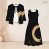 Women Plus Size Black Gold Printed Two Piece Set Bow Tie Neck Three Quarter Sleeve Cardigan Sleeveless Long Dress