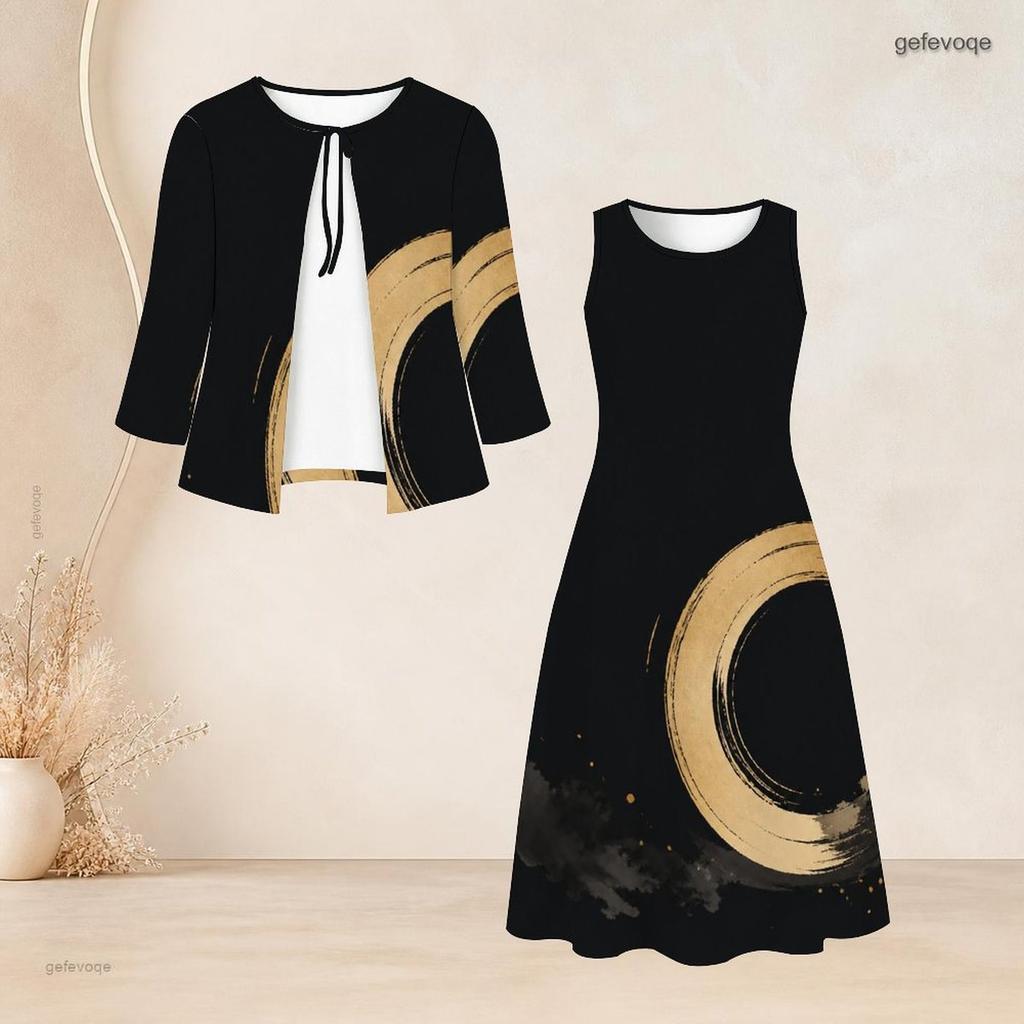Women Plus Size Black Gold Printed Two Piece Set Bow Tie Neck Three Quarter Sleeve Cardigan Sleeveless Long Dress