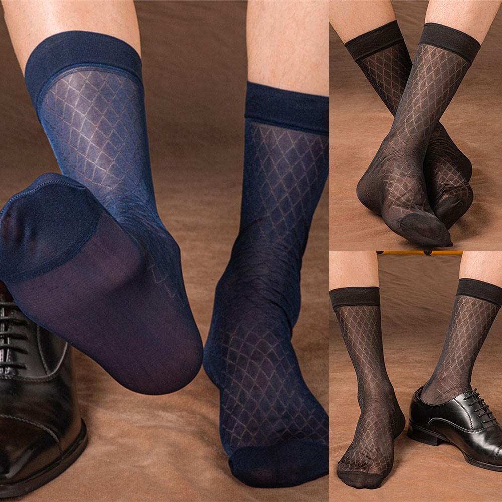 Mens Sexy Stockings Plaid See-Through Socks Breathable