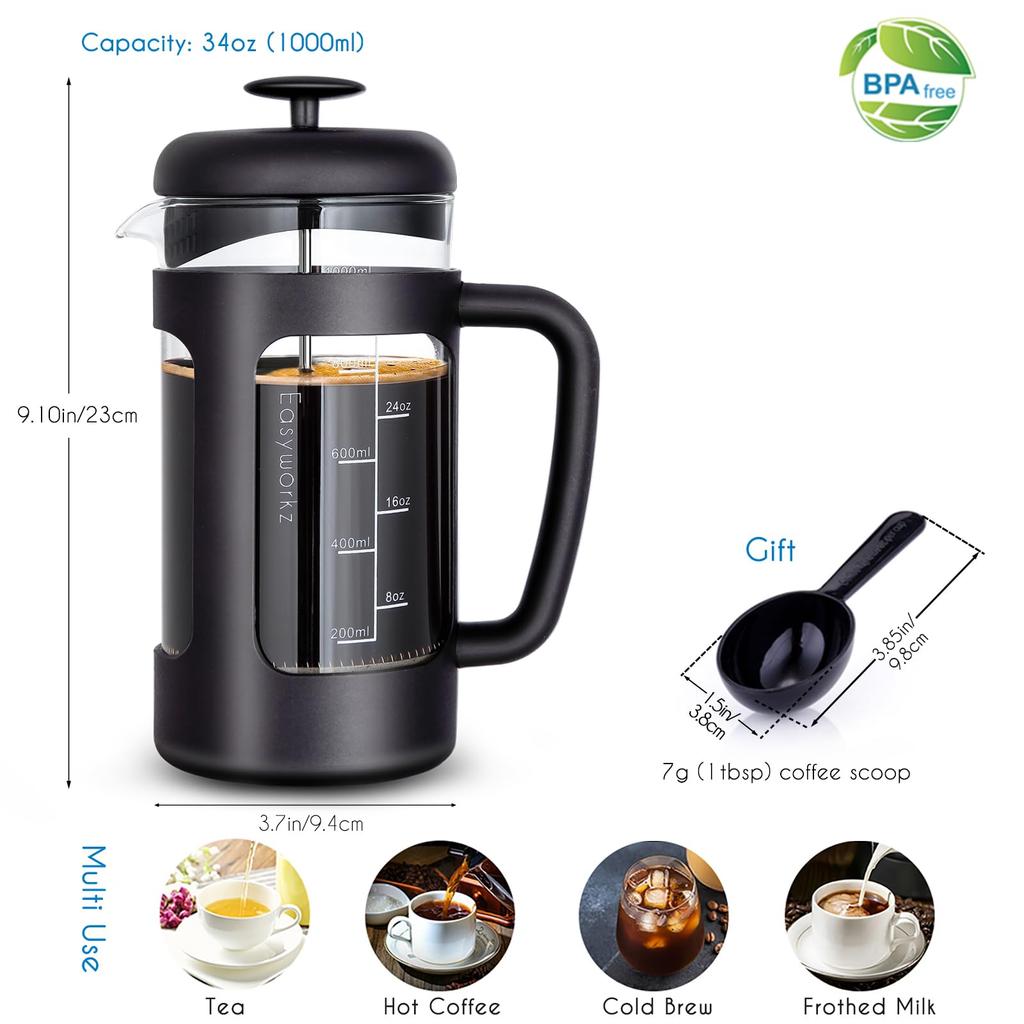 Easyworkz Heat-Resistant Glass French Press for Coffee & Tea, Soft Grip, 1000ml (8 Cups), Black