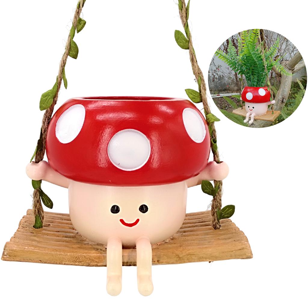 Cute Mushroom Flowerpot Succulent Planter Resin Hanging Vase Creative for Garden Yard Balcony Living Room Decor