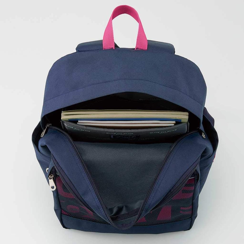 Des OLIVE Mesh Pocket Logo Daypack 24L for School Girls Navy Blue Base X Pink [OLIVE School]
