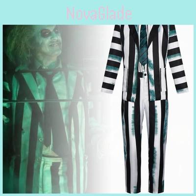 Стильный костюм для косплея Битлджуса с зелено-черно-белыми полосками, мягкая ткань