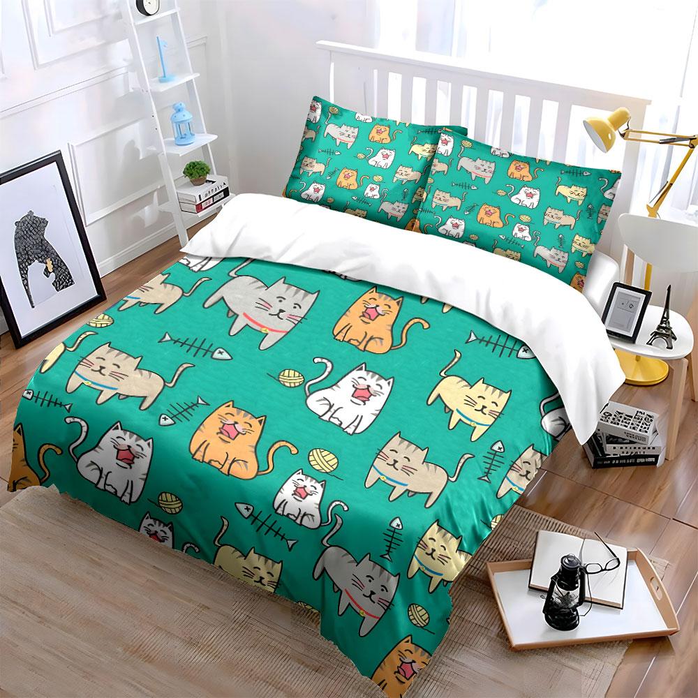Cute Cartoon Cats Pattern Set Bedding Duvet Cover Set (1*Duvet Cover 2*Pillowcases, without duvet insert)