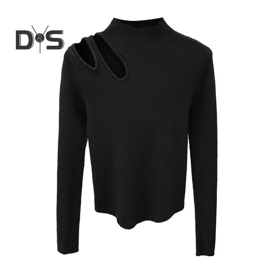 Women Fall Winter Top Thick Knitted Half High Collar Long Sleeve Slim Fit Solid Color Hollow Out Elastic Pullover Soft Warm One Size Lady Sweater