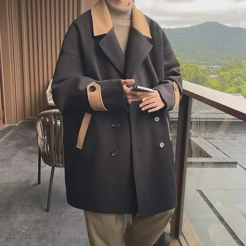 Мужское стильное британское шерстяное пальто - зимняя толстая ветровка средней длины