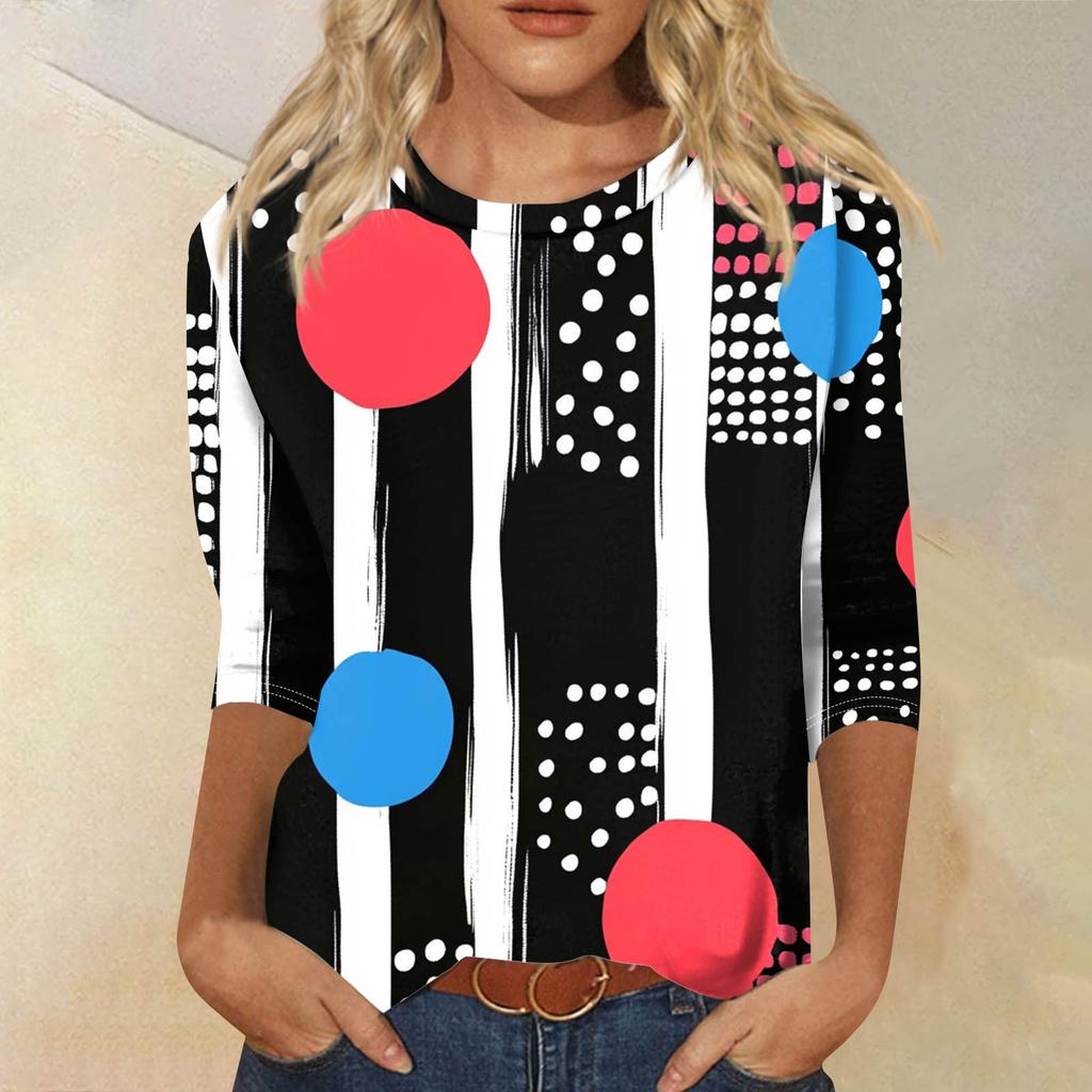 Women's Fashion Casual Seven Sleeve Printed Round Neck T-Shirt Top