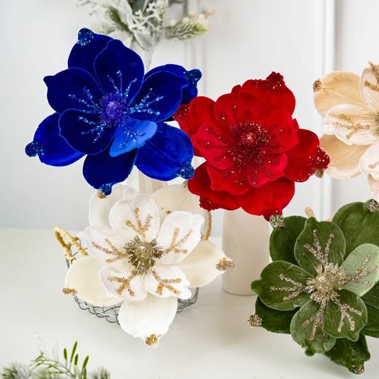 Artificial Poinsettia Flower Picks Velvet Glitter Magnolia Flower with Stem Christmas Tree Ornaments for Xmas New Year Party Wedding Holiday Decor