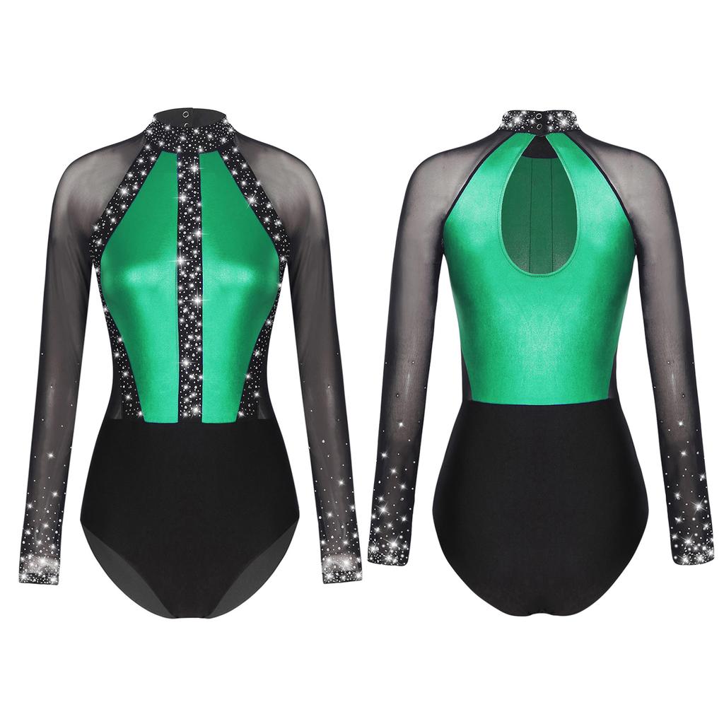 Женский купальник со стразами для балета, гимнастики и танцев, боди с длинными рукавами, костюм для фигурного катания, танца