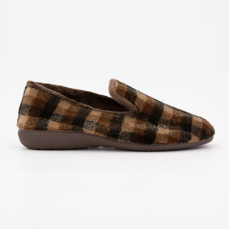 Men's BONADONA Comfort Fleece Slippers with Plaid and Brown Gradient