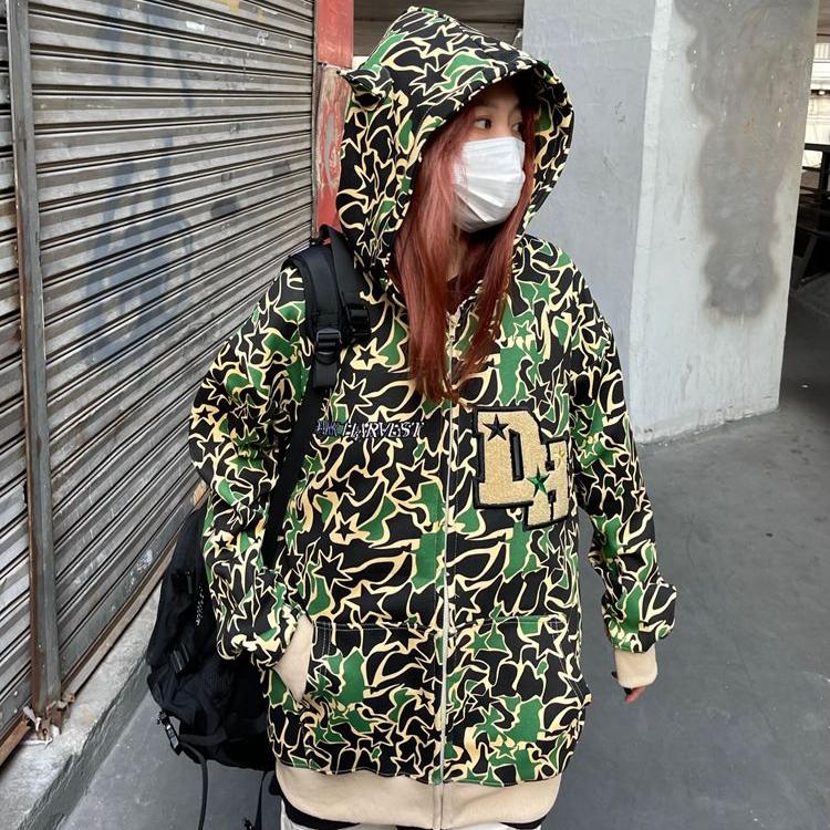 Harajuku Demon Embroidery Hoodies Oversized Camouflage Sweatshirt Gothic Goth Zip Up Hoodie Y2k Clothes Couples Streetwear Women