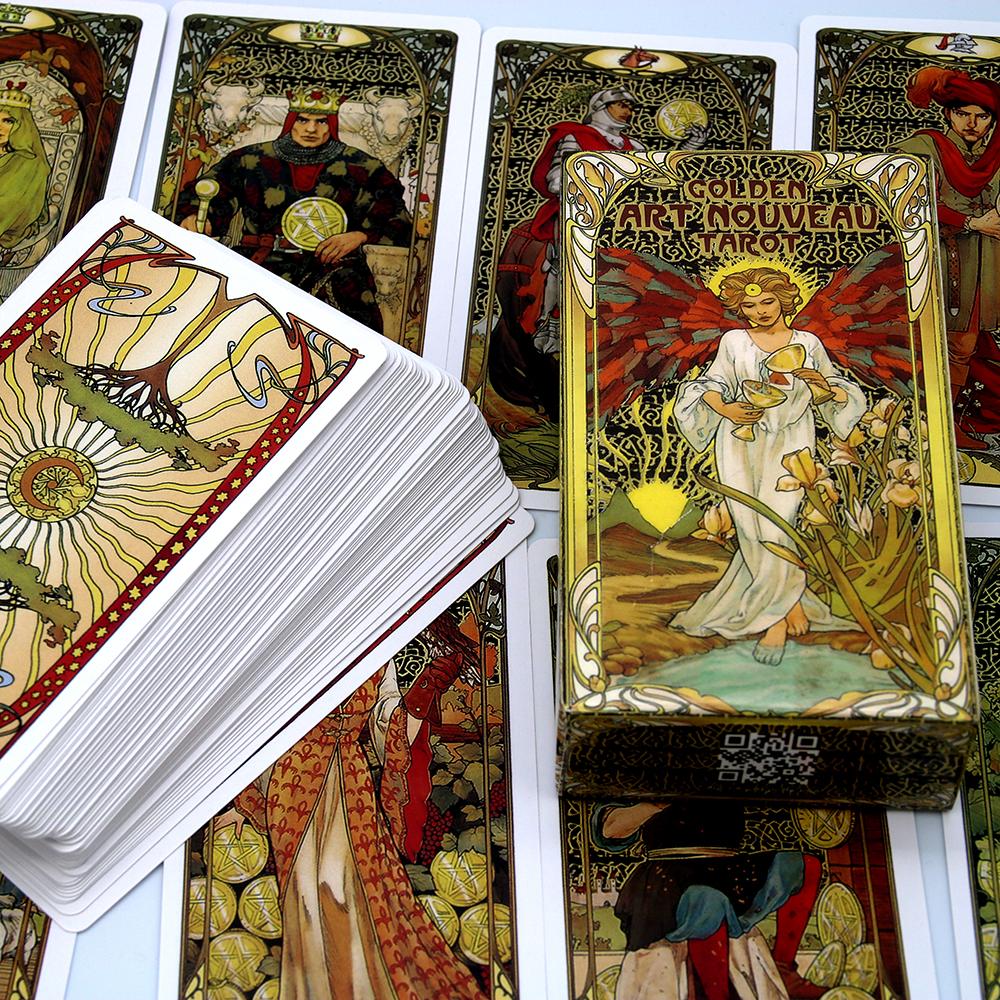 10.3*6cm Golden Art Nouveau Tarot Deck 78 Cards with Guidebook Cards Occult Divination Book Sets for Beginners Classic Art Nouveau Style