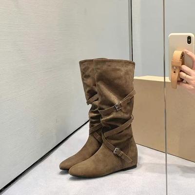 [Версия на платформе] Норвежские ботинки-чулки~ 5 см внутренняя высота на танкетке, ковбойские ботинки средней и высокой длины с перекрестной пряжкой, женские ботинки в западном стиле