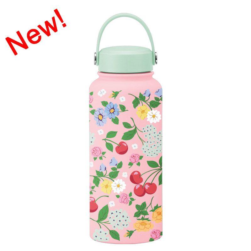 2025 New Model 1L Large Capacity Thermos Cup with Wide Mouth, Portable Handle, Sports Water Bottle, Outdoor Printed Water Cup for Women