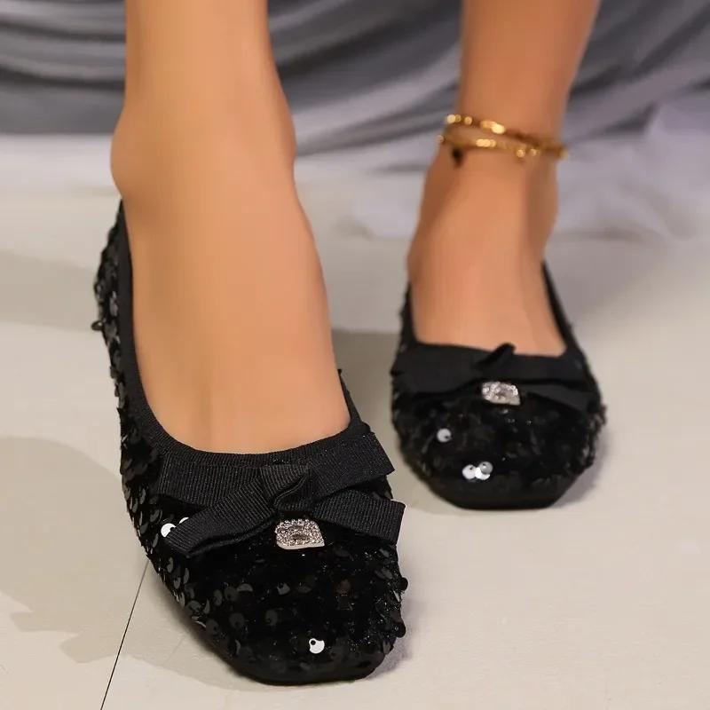 2024 Solid Color Women's Flat Shoes Sequin Square Toe Versatile Shallow Mouth Lightweight Spring and Autumn Women's Shoes
