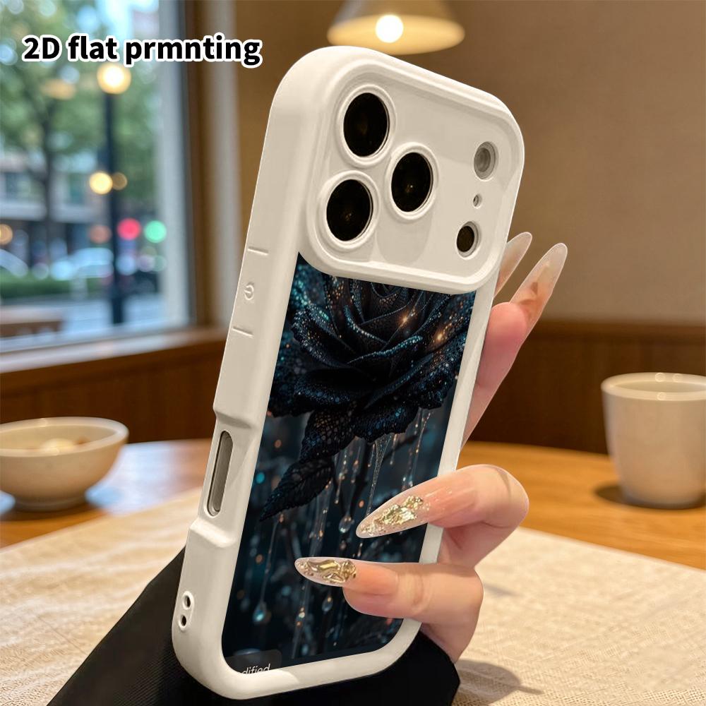Phone Case: 2D flat design suitable for iPhone 18 17 16 15 14 13 Pro stepped protective case, hollow black rose, Christmas and Halloween gift