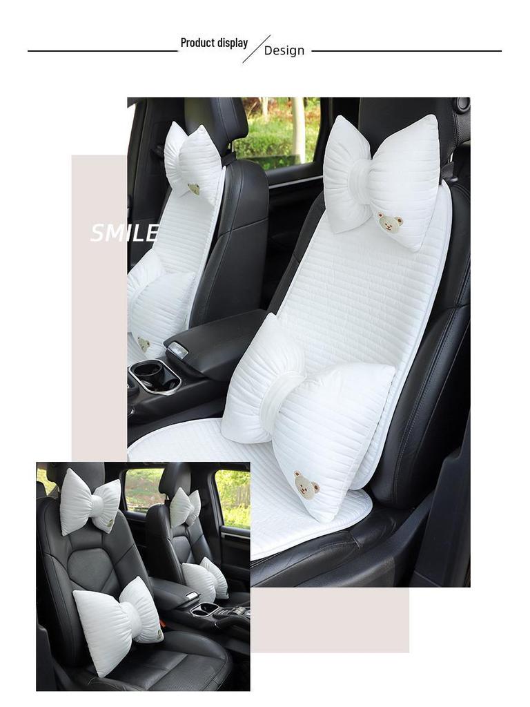 Cartoon Embroidered Bow Car Headrest Neck Pillow: Elastic, Breathable, and Stylish Car Interior Accessory.